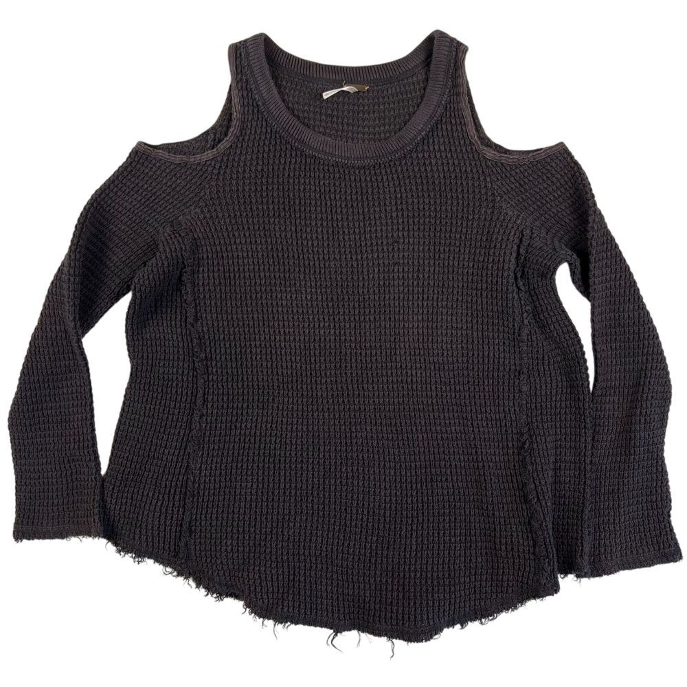 Free People Sweater‎ Women's Small SP Cold Shoulder Frayed Hem Waffle Knit Faded
